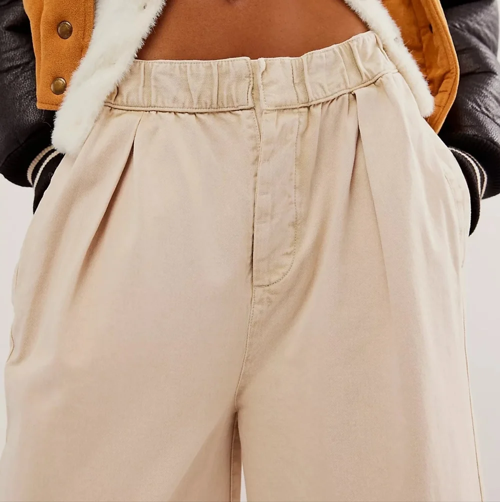 Free People After Love Cream White Mid Rise Slouchy Wide Leg Cuff Trouser Pants